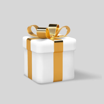3d gift box wrapped golden ribbon isolated on white background. Holiday or seasonal discount decorative elements. Vector illustration.